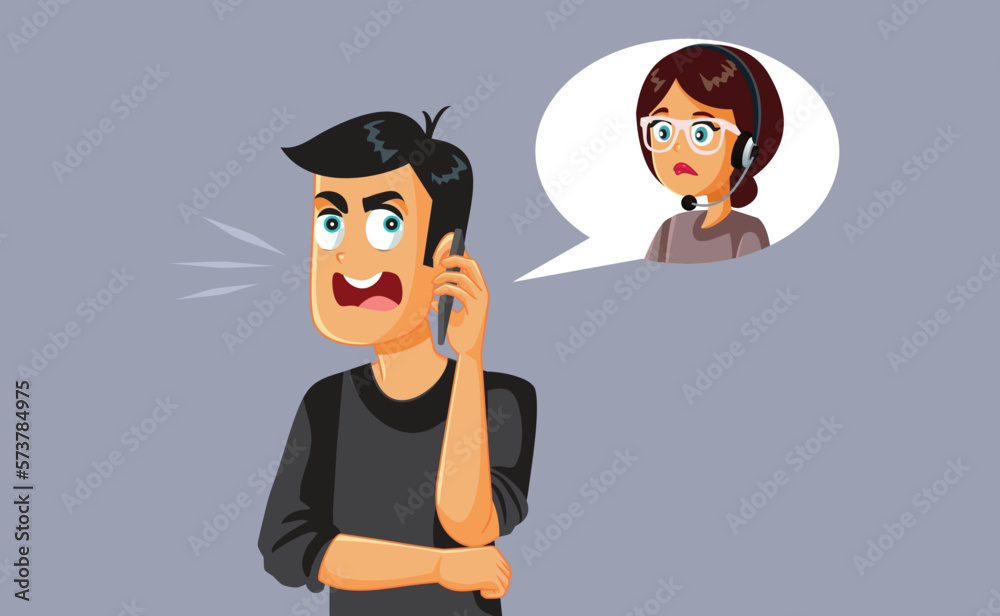 Unhappy Customer Talking on the Phone with Client. Service Representative Vector Illustration

Man calling client service hotline to complain about problems and issues. 
