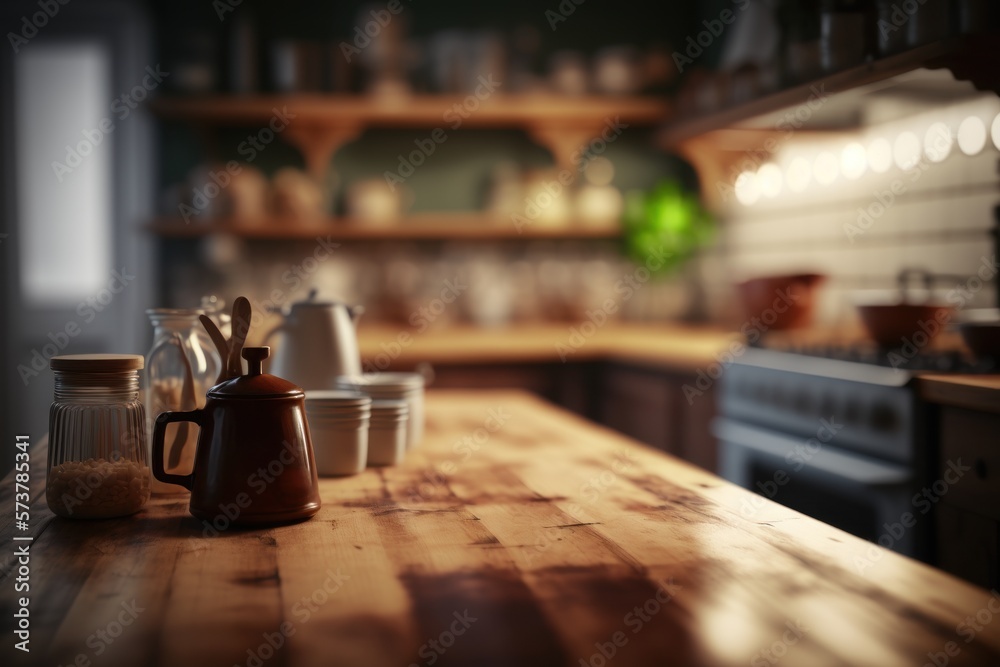 Interior decor, dining furniture, simple wooden table, healthy meal, home kitchen, blurred backdrop - a cozy and welcoming environment for sharing delicious food with loved ones; GENERATIVE AI