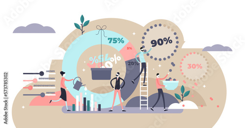 Data processing illustration, transparent background. Flat tiny information work persons concept. Creative visualization with business percentage readings.