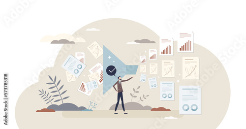Data wrangling and information sorting with right order tiny person concept, transparent background. Big data info sorting and processing using digital funnel document analysis illustration.
