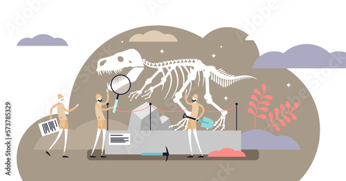 Dinosaurs illustration, transparent background. Flat tiny jurassic fossils persons concept. Extinct predators skeleton research and educational exploration with archeology paleontologists method.