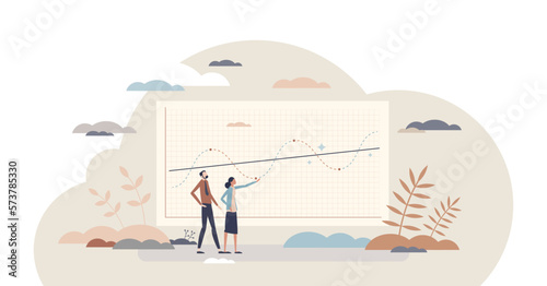 Economic cycle and stock market financial oscillation tiny person concept, transparent background. Recession and expansion stages with peak and trough points on linear graph illustration.
