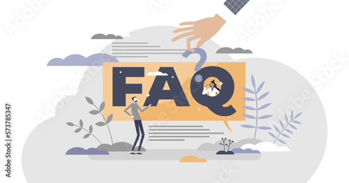 FAQ as frequently asked questions with solution answers tiny person concept, transparent background. Advice support for customer assistance webpage information banner illustration.