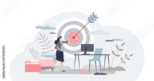 Focusing on work goal and best task performance results tiny person concept, transparent background. Success score for female business and career illustration.