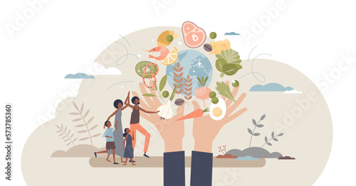 Food security as access to sufficient or quality products tiny person concept, transparent background. Global international needs and right to eat safe meal illustration. Ability to get vegetables.