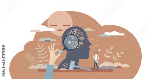 Forensic psychology as interrogation of suspect criminal tiny person concept, transparent background. Mental research and interview for investigation about behavior for court illustration. photo