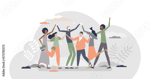 Friends as social community group together despite diversity tiny persons concept, transparent background. Multiracial and multicultural crowd with close relationship illustration.
