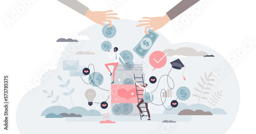 Fundraising event with money collection and support tiny person concept, transparent background. Crowd funding volunteering project with finances gathering for common goal illustration.