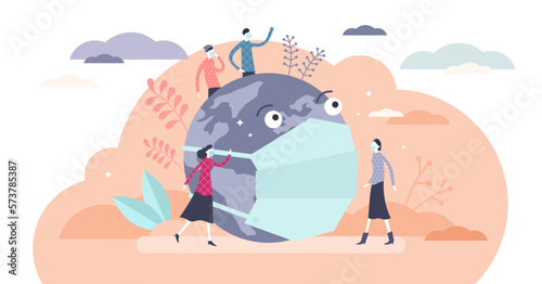 Global health threat concept, flat tiny persons illustration, transparent background. World pollution issues and viral infections spread. Safety measures with wearing face masks.