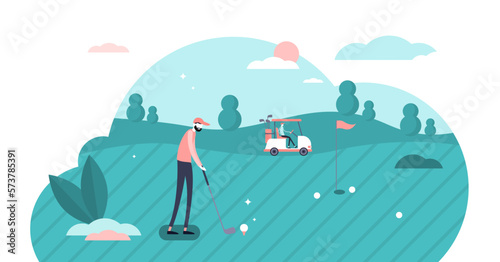 Golf play tiny persons illustration concept, transparent background. Professional sports player focus and determination on achieving goals. Accuracy while going on target.