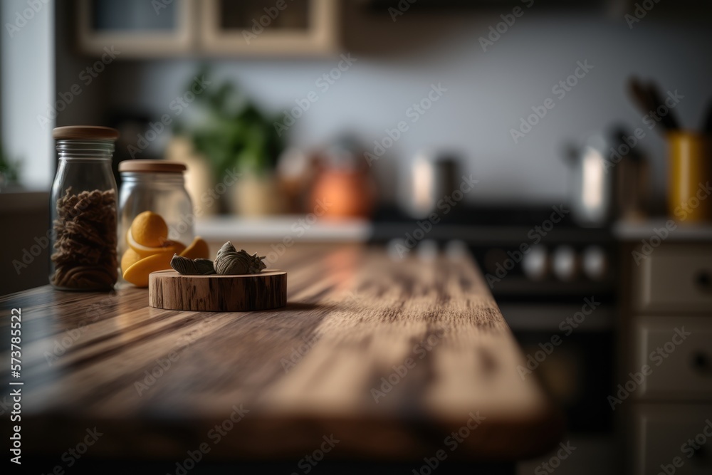 Rustic wooden table, minimalist, empty, fresh ingredients, domestic kitchen, blurred background - a serene space for preparing healthy meals. GENERATIVE AI