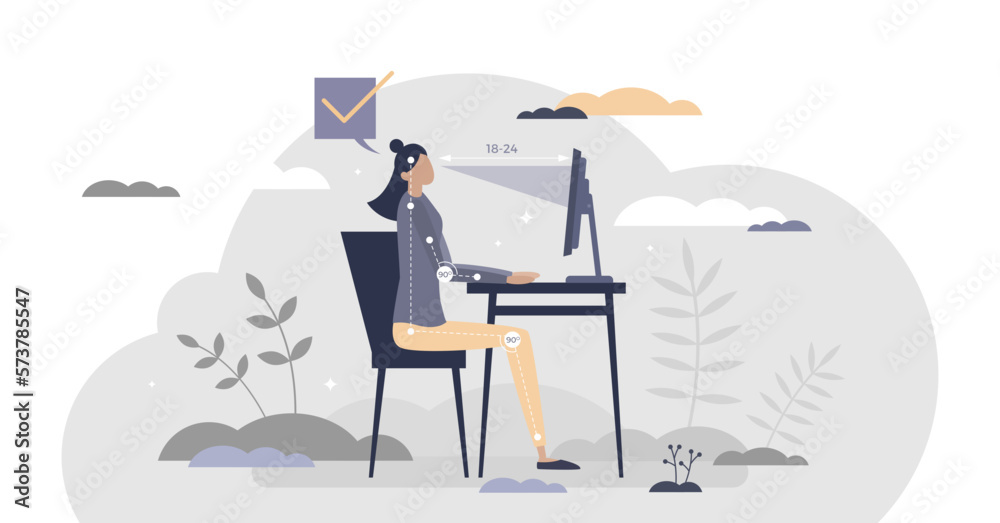 Office ergonomics as correct and healthy sitting posture tiny person concept, transparent background. Workspace table or chair adjustable position for spinal comfort illustration.