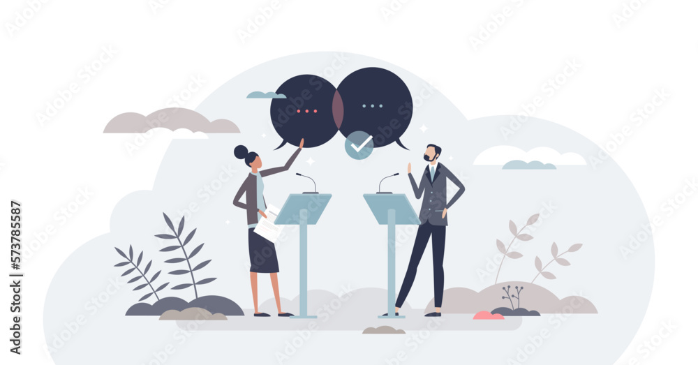 Political debate and discussion with candidate speakers tiny person concept, transparent background.Public communication and democratic speech in front of audience illustration. Political debate and discussion with candidate speakers tiny person concept, transparent background.Public communication and democratic speech in front of audience illustration.