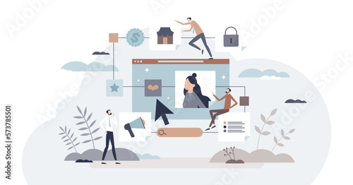 Marketing objectives as key points in advertising process tiny person concept, transparent background. Company defined goals and strategical milestones.