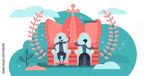 Monarchy illustration, transparent background. Flat tiny government authority persons concept. National form of leadership power. King and queen royal throne and traditional crown symbol.