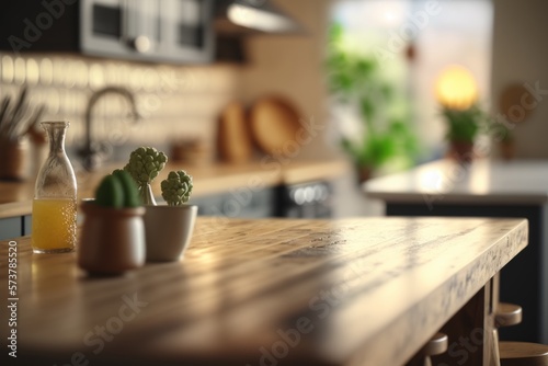 Rustic wooden table, minimalist, empty, fresh ingredients, domestic kitchen, blurred background - a serene space for preparing healthy meals. GENERATIVE AI