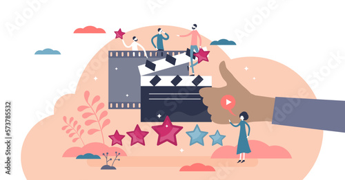 Movie review as cinema film feedback criticism in flat tiny persons concept illustration, transparent background. Stars rating vote after entertainment watching.