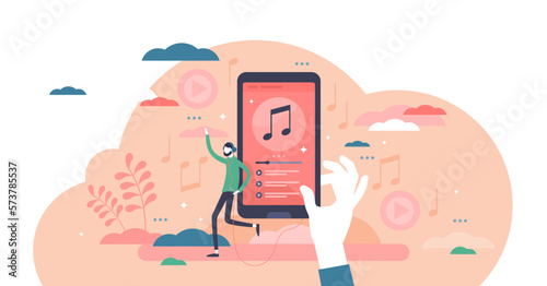 Music playlist illustration, transparent background. Audio songs rotation schedule flat tiny persons concept. Media tracklist streaming app with track listening and control features.