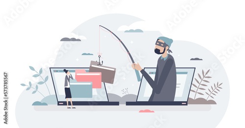 Online fraud and internet crime hacker steals information tiny person concept, transparent background. Personal data phishing with virus scam victim illustration.