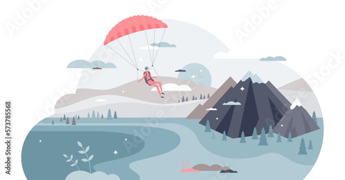 Paragliding sport with pilot flying in sky with glider tiny person concept, transparent background. Mountain fly as extreme action adventure illustration. Hobby and leisure activity.