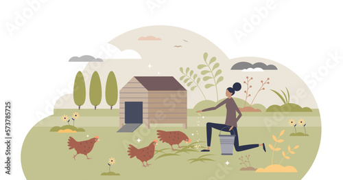 Backyard chickens farming and hens feeding with seeds tiny person concept, transparent background. Ecological domestic animal care for organic slow food illustration. Happy and ethical birds keeping.