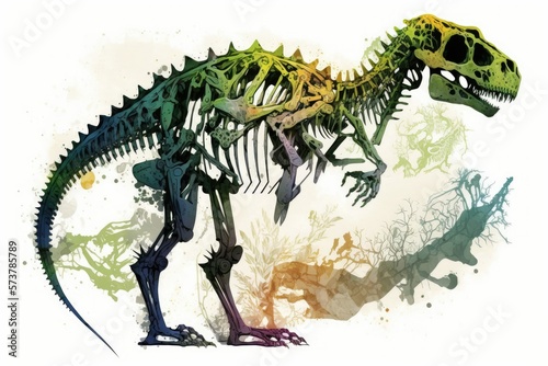 Skeleton of a Dinosaur Painting in watercolor. An anatomical sketch with fossils. Generative AI