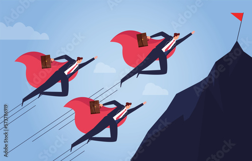 Team achievement and goals, teamwork to complete the challenge and fly to the goal, super team cloaked in cape together to fly to the top of the mountain flag