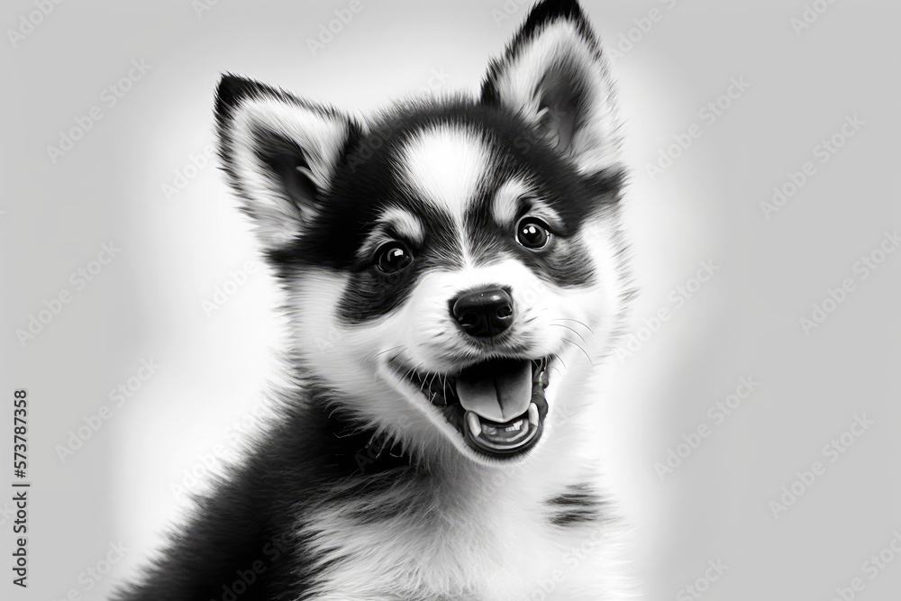 Purebred husky female puppy, black and white, laughing, isolated on white backdrop. Domesticated dog breed with a lopsided grin and erect ears. An adorable little puppy with wooly fur, striking a pose Purebred husky female puppy, black and white, laughing, isolated on white backdrop. Domesticated dog breed with a lopsided grin and erect ears. An adorable little puppy with wooly fur, striking a pose