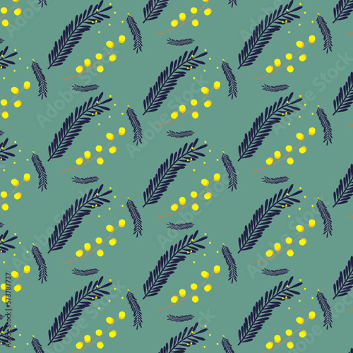 Mimosa pattern with different leaves on a light blue background. Suitable for fabrics, paper, packaging, wallpaper. Vector illustration of a pattern in a flat style.