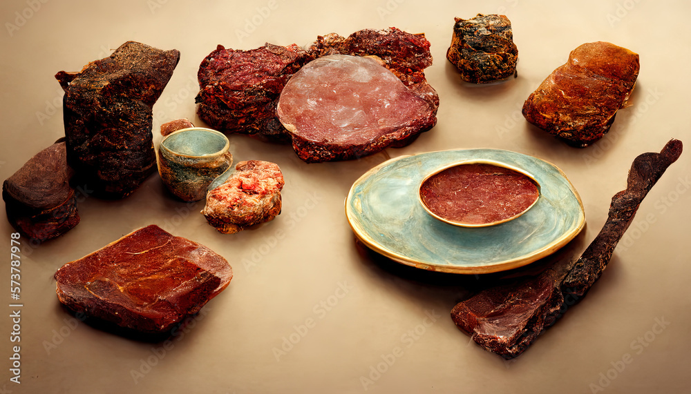 a table topped with plates of food and bowls filled with different types of vegetables and meats. Generative Ai a table topped with plates of food and bowls filled with different types of vegetables and meats. Generative Ai