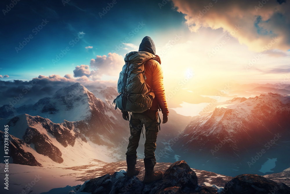 Hiker in the top of mountain wallpaper. Sunrise in the mountain. Ai generated Hiker in the top of mountain wallpaper. Sunrise in the mountain. Ai generated