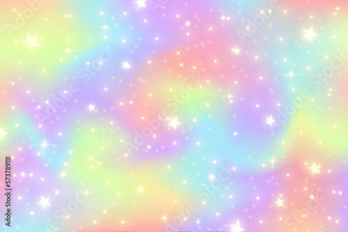 Rainbow unicorn background. Girlie princess sky with stars and sparkles. Gradient holographic fantasy backdrop. Vector abstract iridescent texture.