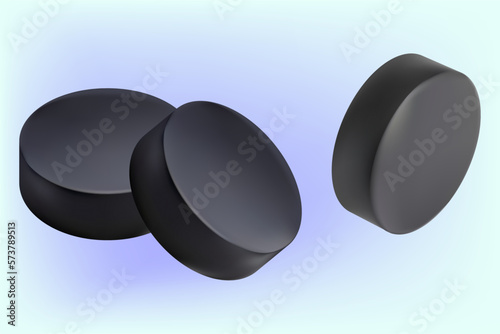 Three realistic pucks for ice hockey close-up on a blue background. Ice hockey world championship concept. Isolated objects. Vector image