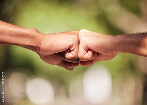 Fist bump, hands and teamwork, support or collaboration for team building, solidarity or unity. Hand connection, partnership or greeting, thank you or motivation for success, goal or targets outdoors