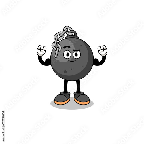 Mascot cartoon of wrecking ball posing with muscle