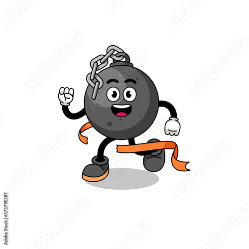 Mascot cartoon of wrecking ball running on finish line
