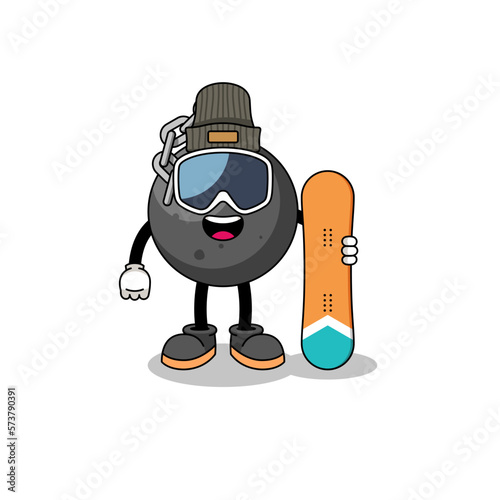 Mascot cartoon of wrecking ball snowboard player