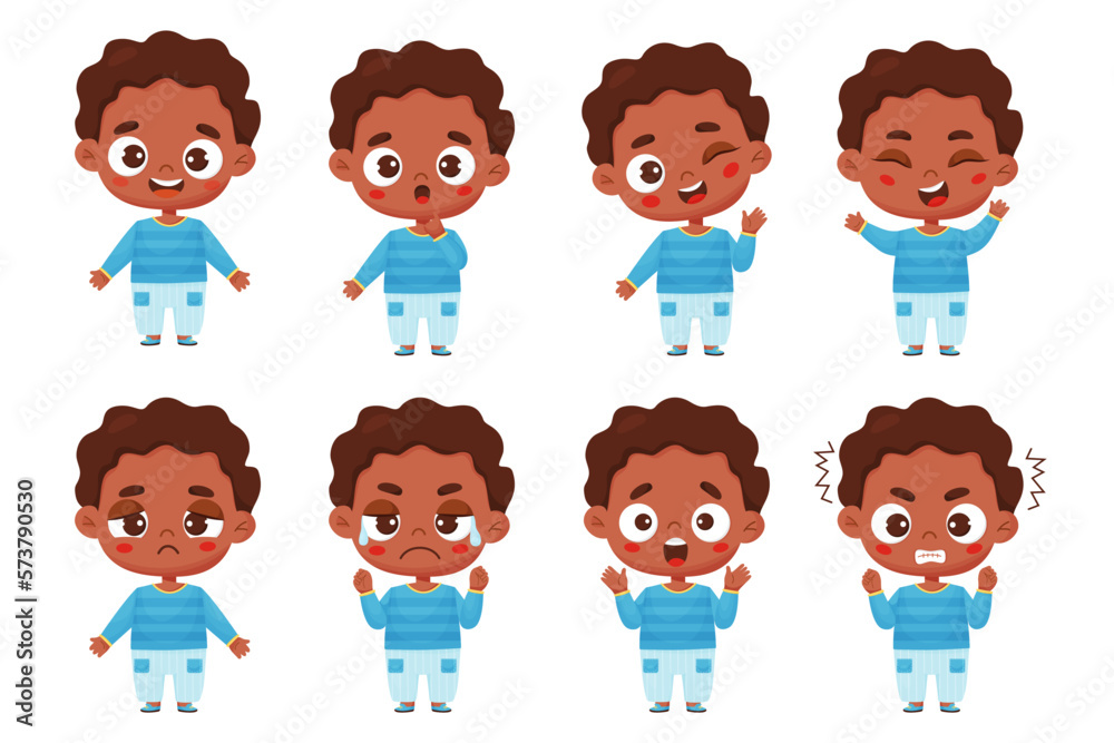 Big set kids emotions. Cute black ethnicity boy with different facial expressions and feelings - happiness, crying, anger, smile, delight, wonder. Vector isolate illustration cartoon style for design. Big set kids emotions. Cute black ethnicity boy with different facial expressions and feelings - happiness, crying, anger, smile, delight, wonder. Vector isolate illustration cartoon style for design.