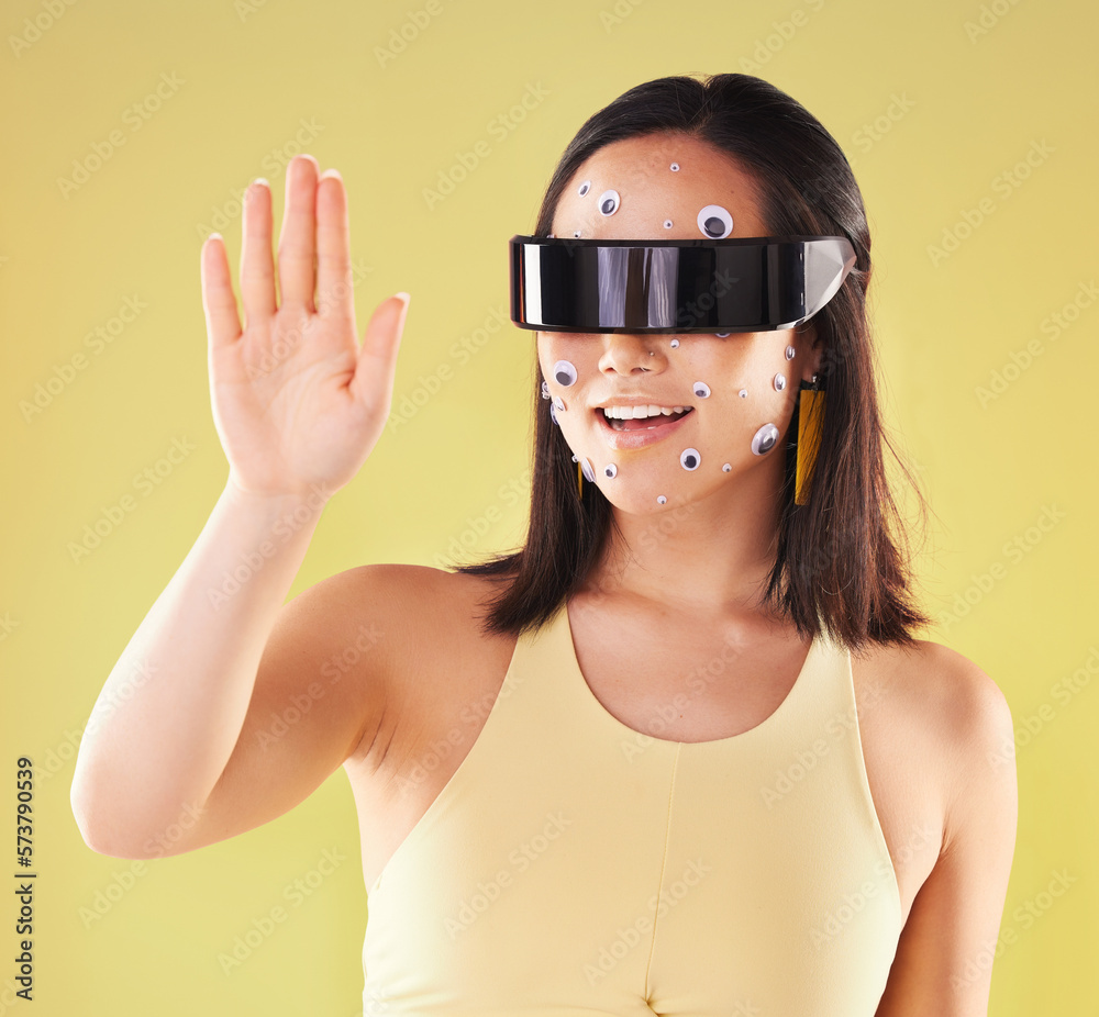 Virtual reality, 3d metaverse and woman in vr, exploring cyber world or futuristic tech. Future, face stickers and happy female with digital headset for gaming in studio isolated on yellow background Virtual reality, 3d metaverse and woman in vr, exploring cyber world or futuristic tech. Future, face stickers and happy female with digital headset for gaming in studio isolated on yellow background