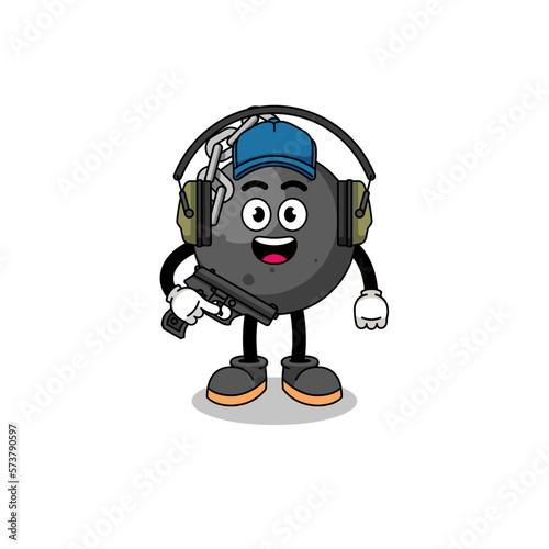 Character mascot of wrecking ball doing shooting range