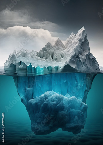 Natural view of iceberg partly above water and partly under water created with generative AI technology