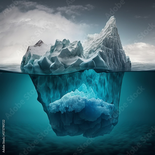 Natural view of iceberg partly above water and partly under water created with generative AI technology