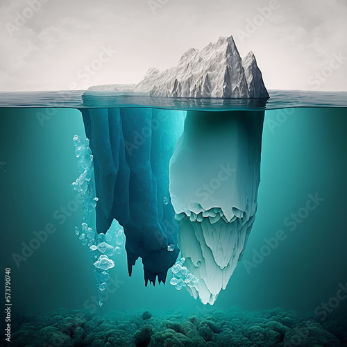 Natural view of iceberg partly above water and partly under water created with generative AI technology