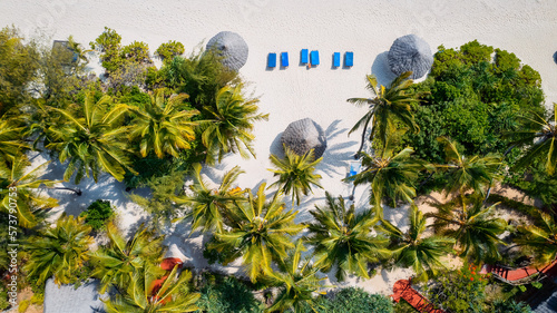 This drone shot of Zanzibar's beach is a tropical paradise with palm trees, white sand, and crystal-clear waters.