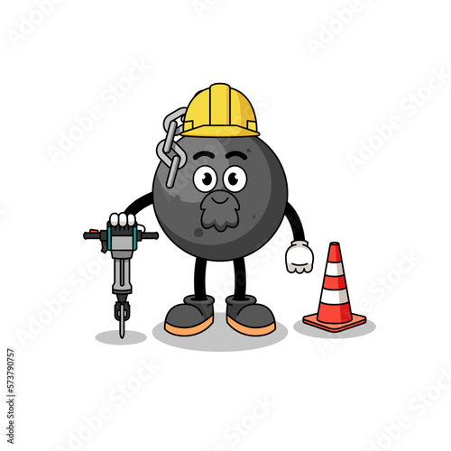 Character cartoon of wrecking ball working on road construction