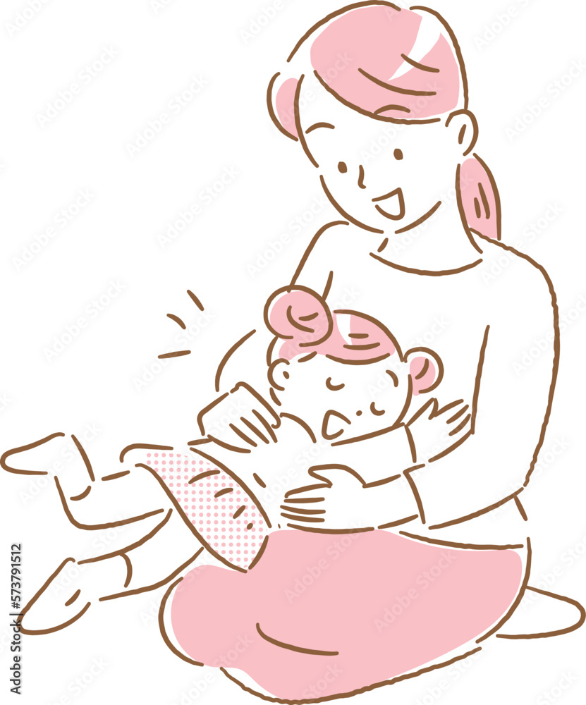 女の子を膝の上に乗せてスキンシップをする若いお母さん 女の子を膝の上に乗せてスキンシップをする若いお母さん