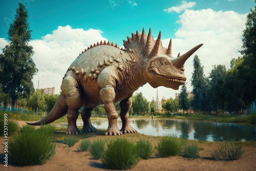 The Russian city of Belgorod May 27, 2021 On a bright summer day at Dino Park, a large Triceratops from the Jurassic period strolls through the trees. In a children's dino park, a stray lizard enjoys