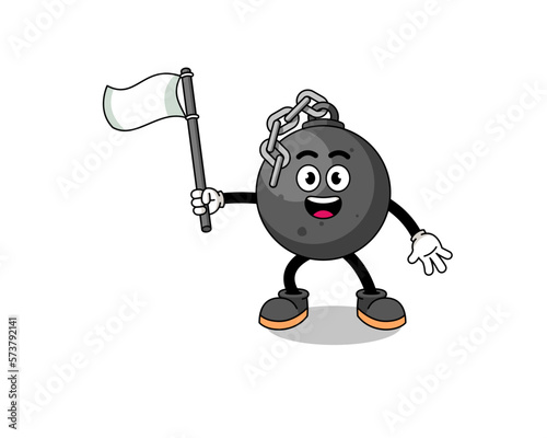 Cartoon Illustration of wrecking ball holding a white flag