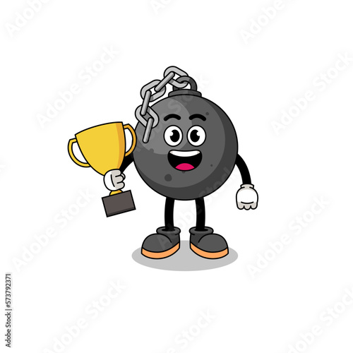 Cartoon mascot of wrecking ball holding a trophy