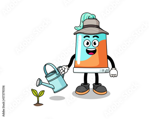 Illustration of toothpaste cartoon watering the plant